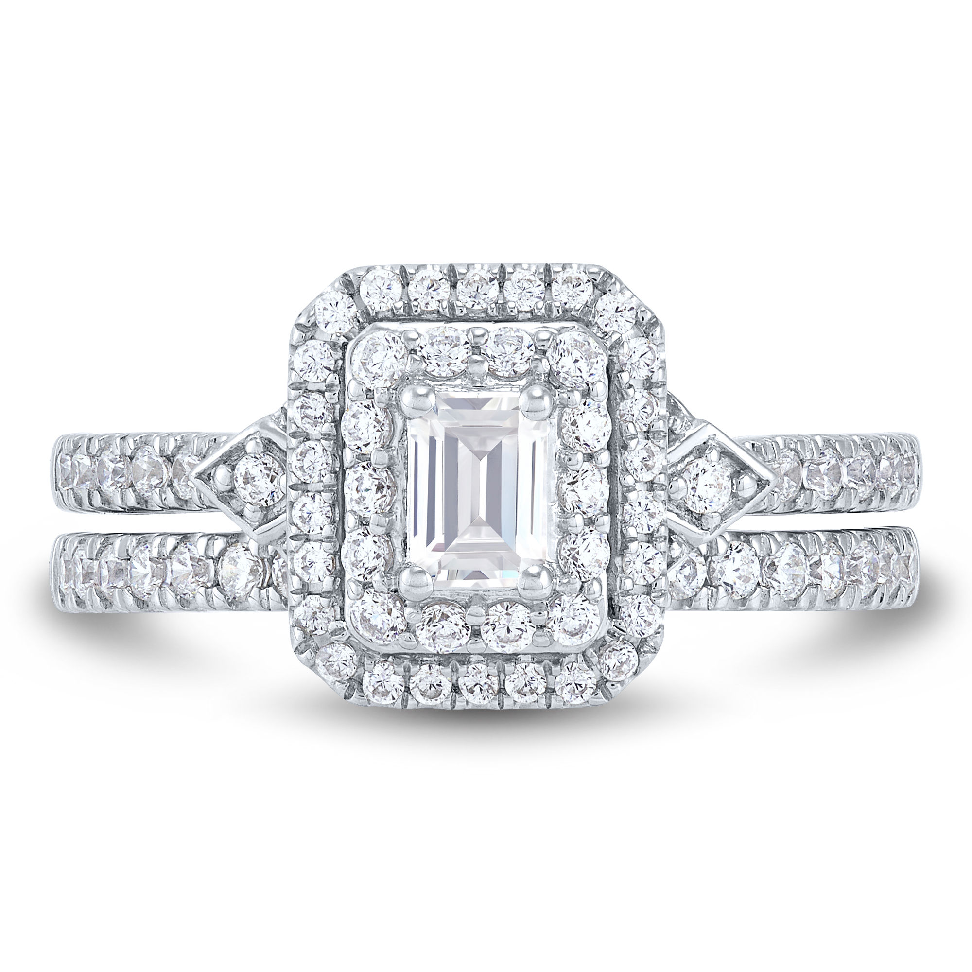 Lab Grown Diamond Emerald-Cut Halo Engagement Ring Set