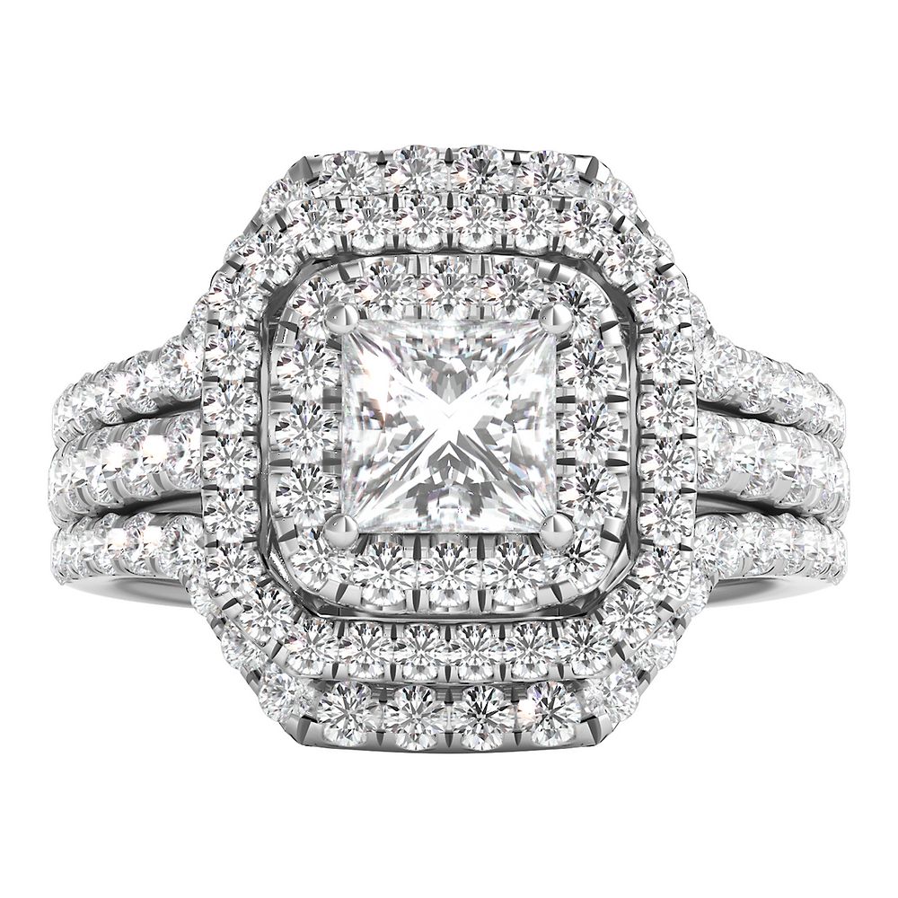 Princess Cut Square Halo Lab Diamond Engagement Ring Guard In 14K Rose Gold
