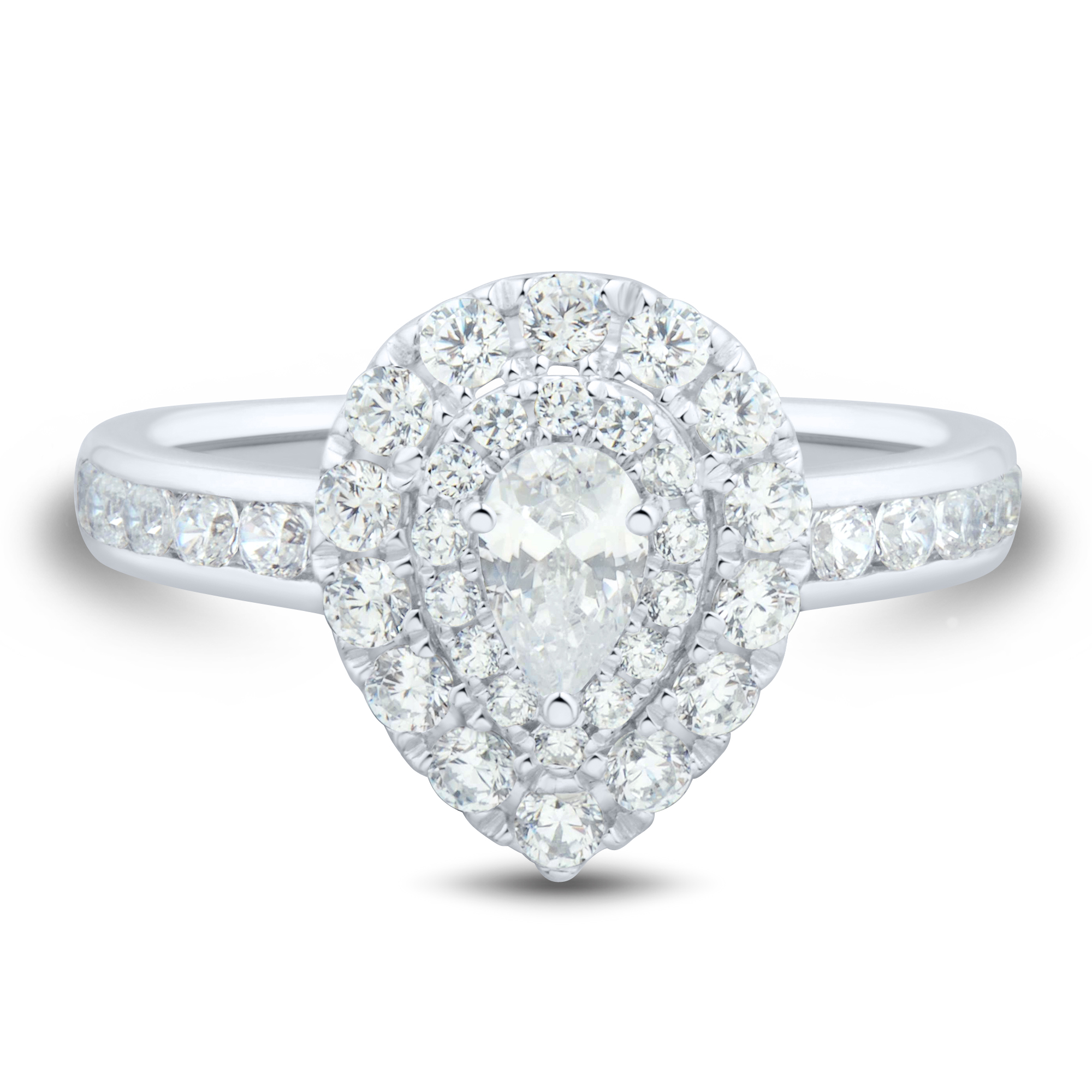 Perla. 1ctw. Pear-Shaped Diamond Halo Engagement Ring in 14K White Gold